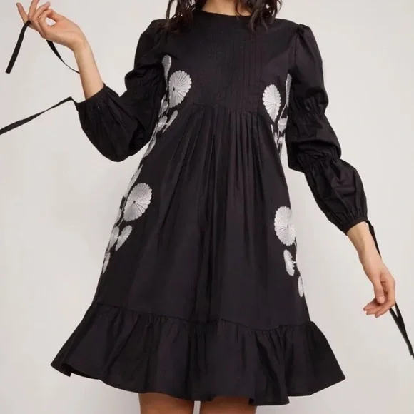 Cynthia Rowley | Dresses | Cynthia Rowley Kyoto Embroidered Dress  Blackwhite Floral Long Sleeve Xs | Poshmark
